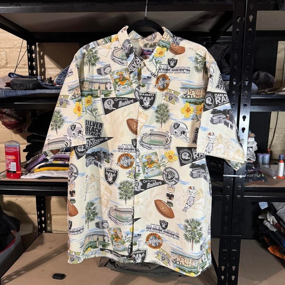VINTAGE 90s Reyn Spooner Oakland Raiders NFL AOP Hawaiian Shirt - 2XL